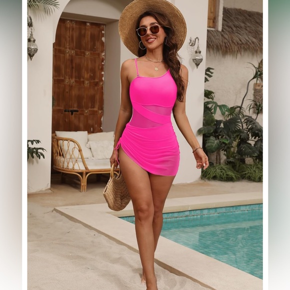 Vimpunec Women One Piece Tummy Control One Shoulder Mesh Pink Swimsuit Dress NWT - Picture 1 of 15